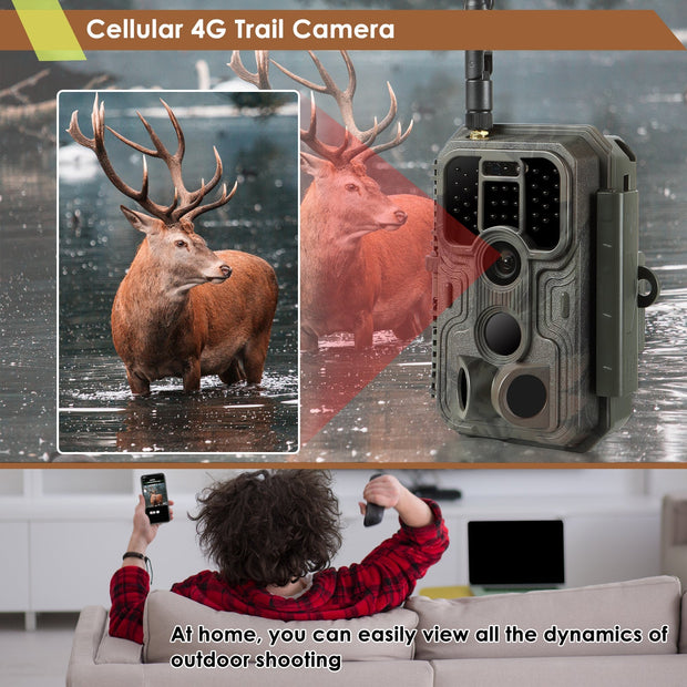 Wildcamera 4G LTE met SIMkaart 32MP, HD 1296P Bewegingsmelder Nachtzicht, 0,1S Trekkersnelheid No Glow en IP66 Waterdicht voor Jacht en Faunaobservatie| A390G Rood