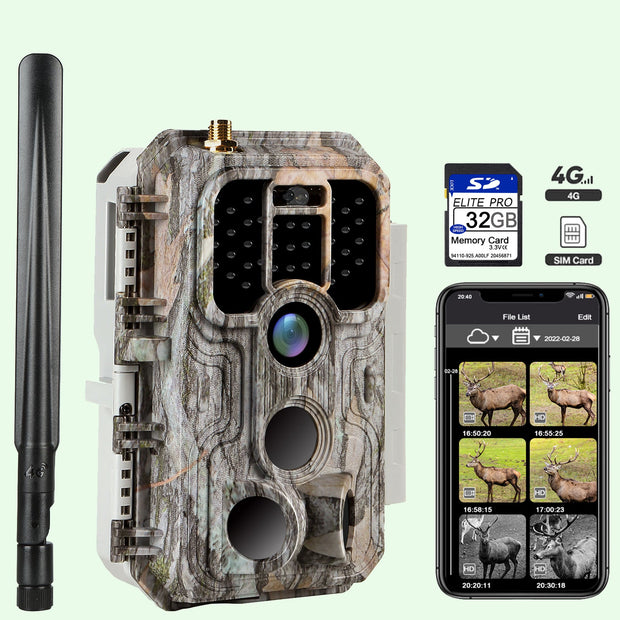4G LTE Wildcamera met SIMkaart 32MP, HD 1296P Bewegingsmelder Nachtzicht, 0,1S Trekkersnelheid No Glow en IP66 Waterdicht voor Jacht en Faunaobservatie| A390G Grauw