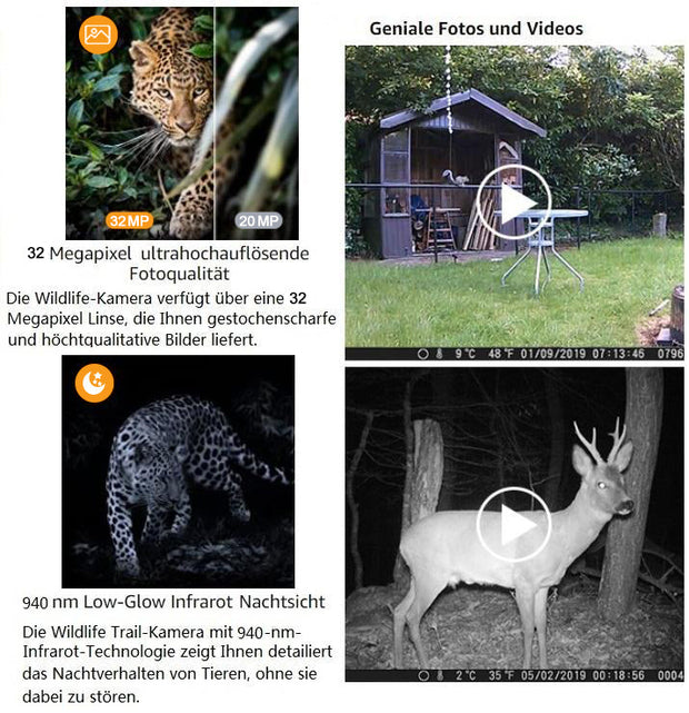 Wildcamera met 0.3S Trigger en No Glow, 32MP HD 1296P, Nachtzicht en Bewegingsmelder, 940nm infrarood, IP66 Waterdicht voor Jacht, Huisbeveiliging| A252 Grauw