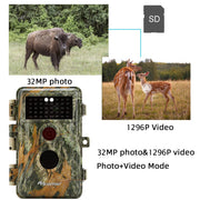 Wildcamera met 0.3S trigger en No Glow, 32MP HD 1296P, Nachtzicht en Bewegingsmelder, 940nm infrarood, IP66 Waterdicht voor Jacht, Huisbeveiliging| A252 Groente