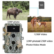 Wildcamera 32MP HD1296P en Nachtzicht, Bewegingsmelder, 0.1s trigger, 940nm infrarood, No Glow en IP66 Waterdicht voor Jacht, Huisbeveiliging| A262 Grauw