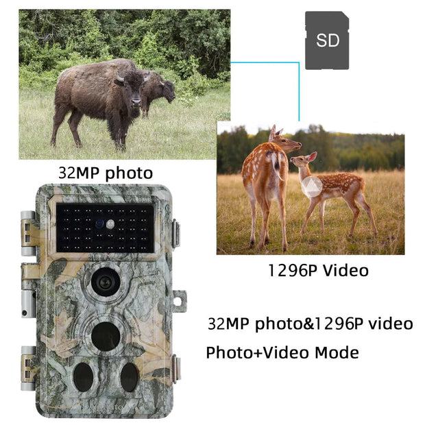 Wildcamera 32MP HD1296P en Nachtzicht, Bewegingsmelder, 0.1s trigger, 940nm infrarood, No Glow en IP66 Waterdicht voor Jacht, Huisbeveiliging| A262 Grauw
