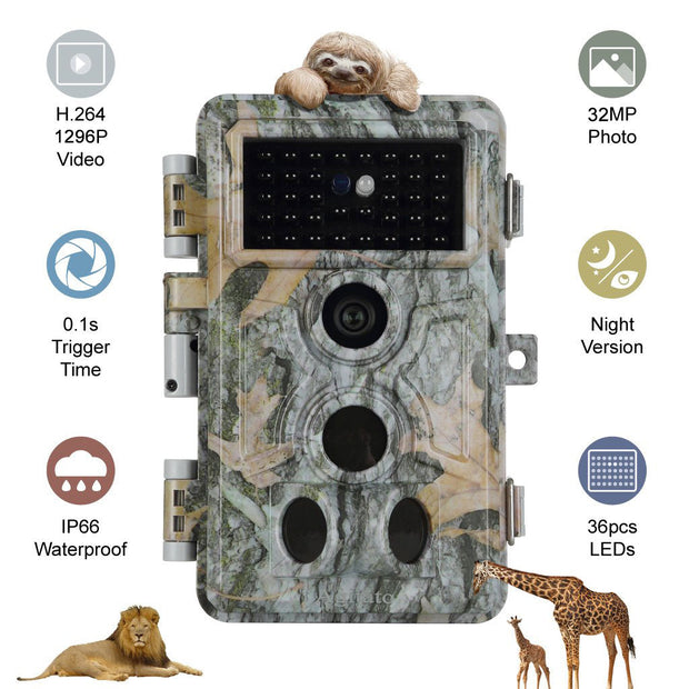 4-Pack Wildcamera 32MP HD1296P en Nachtzicht, Bewegingsmelder, 0.1s trigger, 940nm infrarood No Glow en IP66 Waterdicht voor Jacht, Huisbeveiliging| A262 Grauw