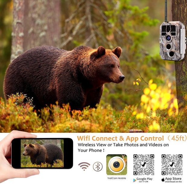 Wildcamera Wifi Bluetooth 32MP, HD 1296P, Nachtzicht, Bewegingsmelder, 940nm infrarood en IP66 Waterdicht voor Jacht, Huisbeveiliging| A280W Grauw
