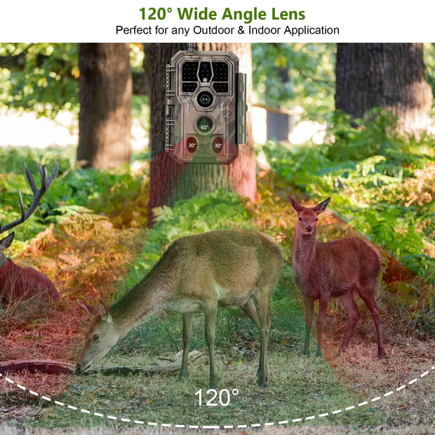 Wildcamera Wifi Bluetooth 32 MP,HD 1296P, Nachtzicht, Bewegingsmelder, 940nm infrarood en IP66 Waterdicht voor Jacht, Huisbeveiliging| A280W Bruin