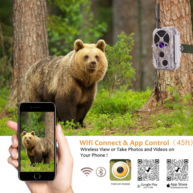 Wildcamera Wifi Bluetooth 32MP HD 1296P, Nachtzicht, Bewegingsmelder, 940nm infrarood, 0.1s trigger en IP66 Waterdicht voor Jacht, Huisbeveiliging| A350W Grauw