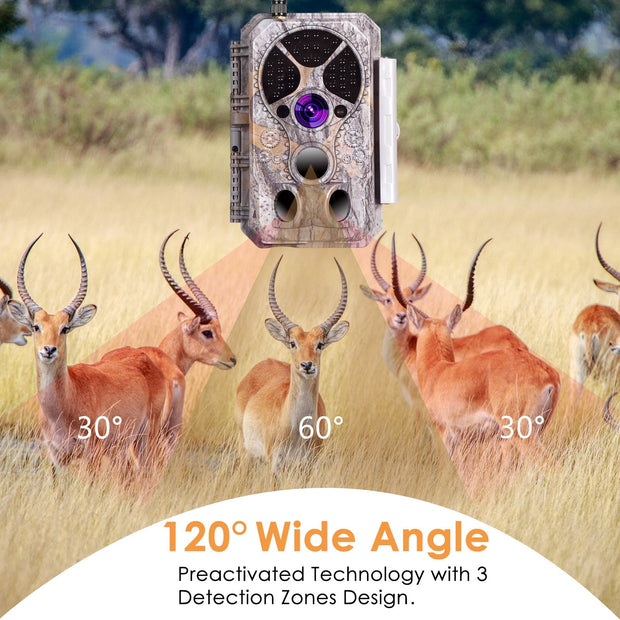 Bundel zonnepanelen en Wildcamera Wifi Bluetooth 32MP 1296P, Nachtzicht, Bewegingsmelder, No Glow 940nm infrarood, en IP66 Waterdicht| A350W Grauw