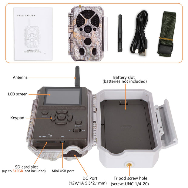 Wildcamera Wifi Bluetooth 32MP HD 1296P, Nachtzicht, Bewegingsmelder, 940nm infrarood, 0.1s trigger en IP66 Waterdicht voor Jacht, Huisbeveiliging| A350W Grauw