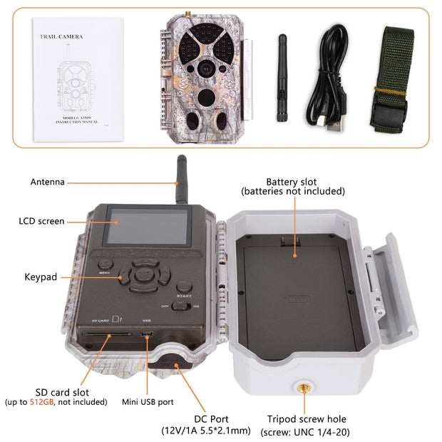 Bundel zonnepanelen en Wildcamera Wifi Bluetooth 32MP 1296P, Nachtzicht, Bewegingsmelder, No Glow 940nm infrarood, en IP66 Waterdicht| A350W Grauw