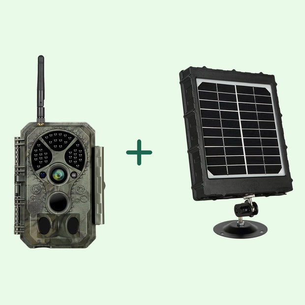 Bundel zonnepanelen en Wildcamera Wifi Bluetooth 32MP 1296P, Nachtzicht, Bewegingsmelder, No Glow 940nm infrarood, en IP66 Waterdicht| A350W Groente