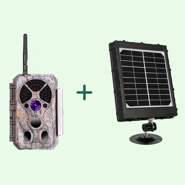 Bundel zonnepanelen en Wildcamera Wifi Bluetooth 32MP 1296P, Nachtzicht, Bewegingsmelder, No Glow 940nm infrarood, en IP66 Waterdicht| A350W Grauw