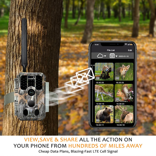 4G LTE Wildcamera met SIMkaart 32MP, HD 1296P Bewegingsmelder Nachtzicht, 0,1S Trekkersnelheid No Glow en IP66 Waterdicht voor Jacht en Faunaobservatie| A390G Grauw