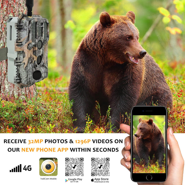4G LTE Wildcamera met SIMkaart 32MP, HD 1296P Bewegingsmelder Nachtzicht, 0,1S Trekkersnelheid No Glow en IP66 Waterdicht voor Jacht en Faunaobservatie| A390G Grauw