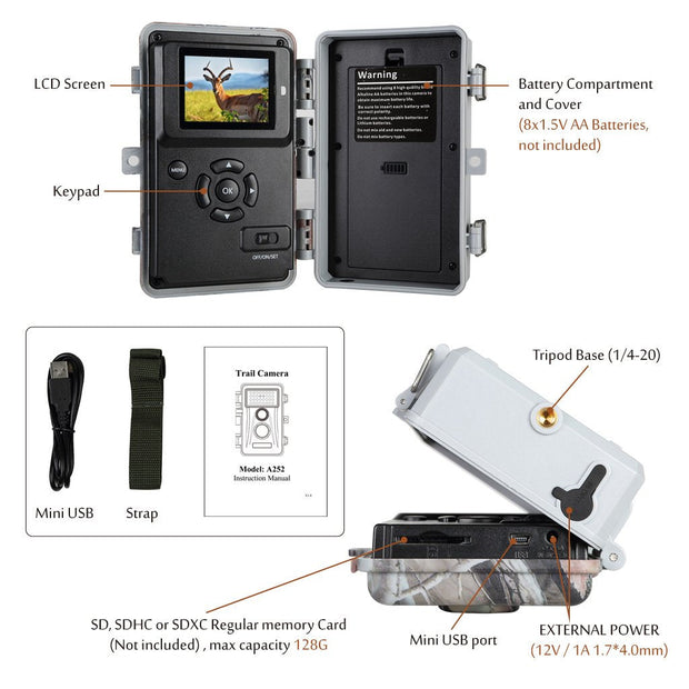 Wildcamera met 0.3S Trigger en No Glow, 32MP HD 1296P, Nachtzicht en Bewegingsmelder, 940nm infrarood, IP66 Waterdicht voor Jacht, Huisbeveiliging| A252 Grauw