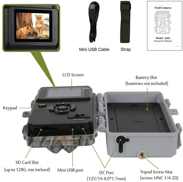Wildcamera 32MP HD1296P en Nachtzicht, Bewegingsmelder, 0.1s trigger, 940nm infrarood, No Glow en IP66 Waterdicht voor Jacht, Huisbeveiliging| A262 Grauw