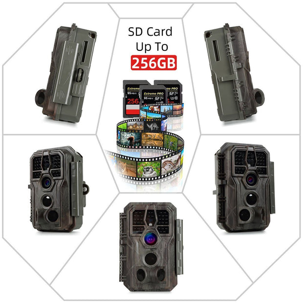 Bundel: Wildcamera 32MP,HD1296P en Nachtzicht,Bewegingsmelder,940nm infrarood,No Glow,0.1s trigger en IP66 Waterdicht+64GB SD-kaart X2|A280 Bruin