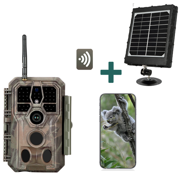 Bundel Zonnepanelen en Wifi Wildcamera, 32MP 1296P, Jachtcamera, Nachtzicht, Bewegingsmelder,  940nm infrarood en IP66 Waterdicht| A280W Bruin