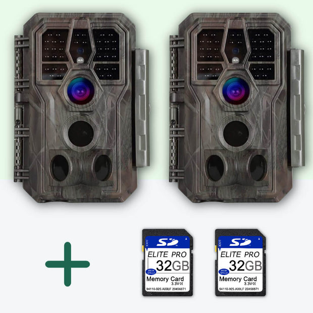 Bundel: Wildcamera 32MP,HD1296P en Nachtzicht,Bewegingsmelder,940nm infrarood,No Glow,0.1s trigger en IP66 Waterdicht+64GB SD-kaart X2|A280 Bruin