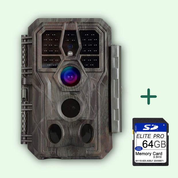Bundel: Wildcamera 32MP,HD1296P en Nachtzicht,Bewegingsmelder,940nm infrarood,No Glow,0.1s trigger en IP66 Waterdicht+64GB SD-kaart |A280 Bruin