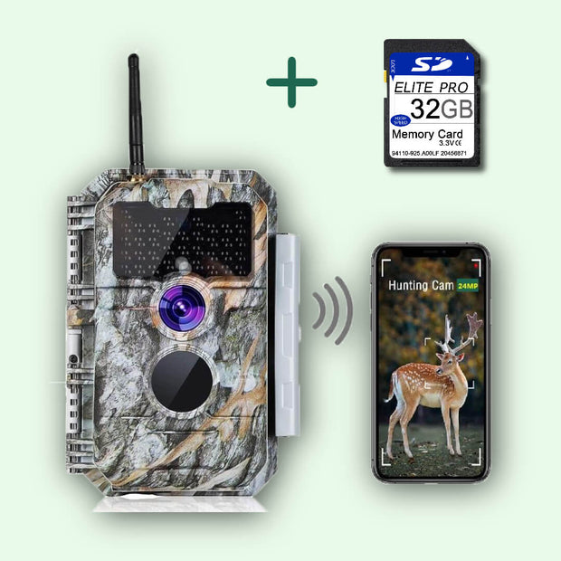 Bundel Wildcamera WiFi Bluetooth 32MP 1296P, Wildcamera met Bewegingsmelder, Nachtzicht, No Glow,Waterdicht IP66, +32Gb SD-kaart|W600 Grauw