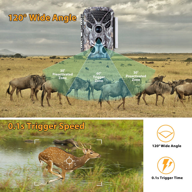 Wildcamera 32MP, 4K 2160P Full HD video met Geluid, Nachtzicht Bewegingsmelder, 940nm infrarood, 0.1s trigger en IP66 Waterdicht voor Jacht, Huisbeveiliging| T326 Grauw