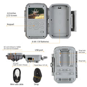 Wildcamera 32MP, 4K 2160P Full HD video met Geluid, Nachtzicht Bewegingsmelder, 940nm infrarood, 0.1s trigger en IP66 Waterdicht voor Jacht, Huisbeveiliging| T326 Grauw