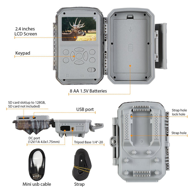 Wildcamera 32MP, 4K 2160P Full HD video met Geluid, Nachtzicht Bewegingsmelder, 940nm infrarood, 0.1s trigger en IP66 Waterdicht voor Jacht, Huisbeveiliging| T326 Grauw