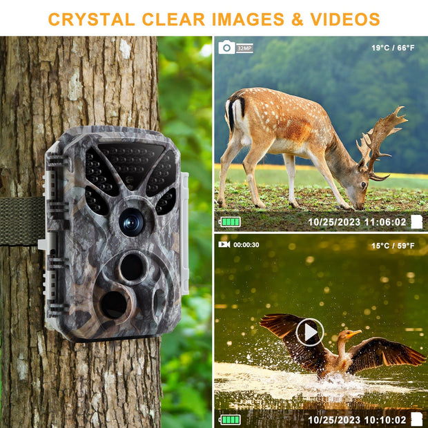 Wildcamera 32MP, 4K 2160P Full HD video met Geluid, Nachtzicht Bewegingsmelder, 940nm infrarood, 0.1s trigger en IP66 Waterdicht voor Jacht, Huisbeveiliging| T326 Grauw