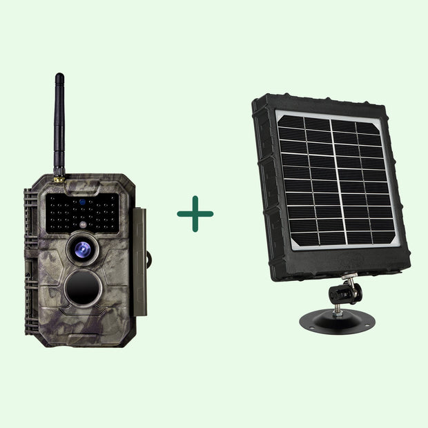 Bundel zonnepanelen Wildcamera WiFi Bluetooth 32MP 1296P, Wildcamera met Bewegingsmelder, Nachtzicht, No Glow Waterdicht IP66| W600 Bruin