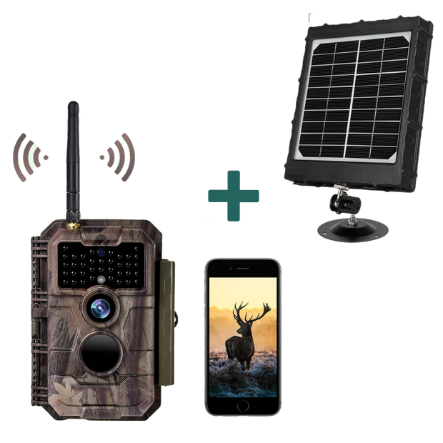 Bundel zonnepanelen Wildcamera WiFi Bluetooth 32MP 1296P, Wildcamera met Bewegingsmelder, Nachtzicht, No Glow Waterdicht IP66| W600 Rood