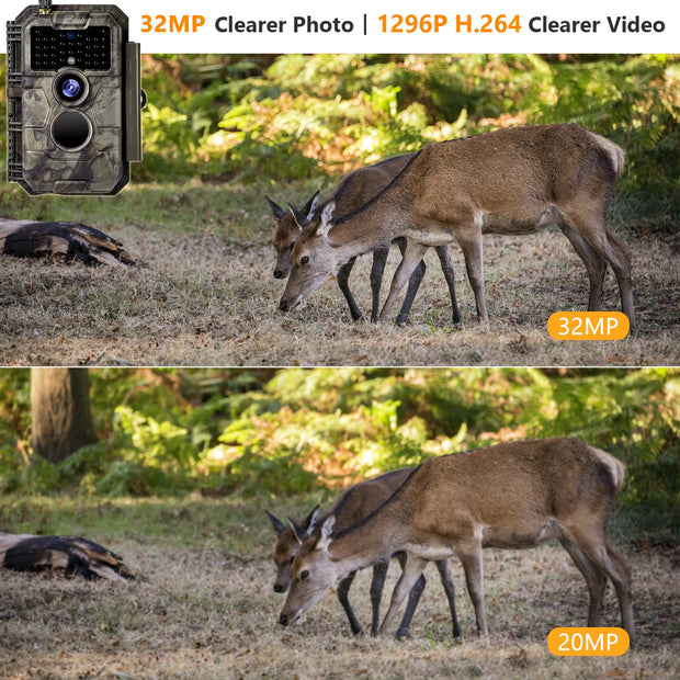 Wildcamera WiFi Bluetooth 32MP 1296P, Wildcamera met Bewegingsmelder, Nachtzicht, No Glow, Waterdicht IP66, voor Jacht, Huisbeveiliging | W600 Bruin