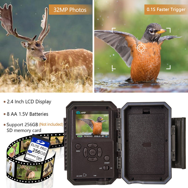 Wildcamera WiFi Bluetooth 32MP 1296P, Wildcamera met Bewegingsmelder, Nachtzicht, No Glow, Waterdicht IP66, voor Jacht, Huisbeveiliging | W600 Rood