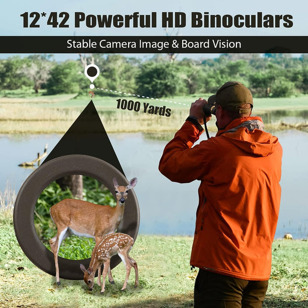 12x42 HD Verrekijker, Grote Kijklens met Heldere Lage Nachtvisie IPX7 Waterdicht Multi Gecoat Veld 5.6° voor Buiten Kamperen, Vogels Kijken, Jagen